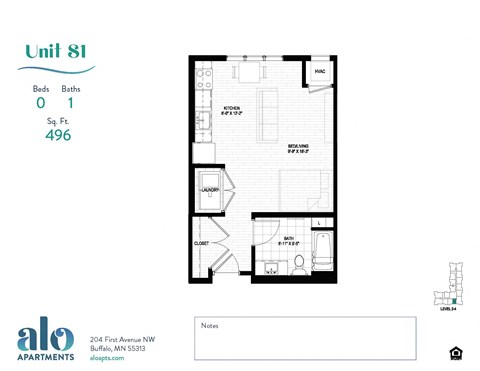 Floor plan for studio, 1 bath, 497 sqft